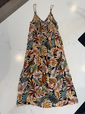 Billabong Tropical Leaf Maxi Slip Dress - Black, Orange, Green, Pink